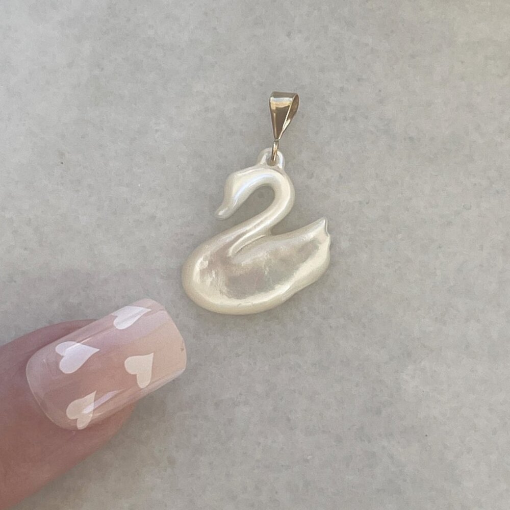 Solid 14K Yellow Mother of Pearl Swan Pendant Charm Necklace 90s Boho Style Bird - Picture 5 of 11